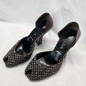 Vintage PRADA Women's 38 Brown Tweed Leather Peep Toe D’Orsay Heels Pumps *Flaw*